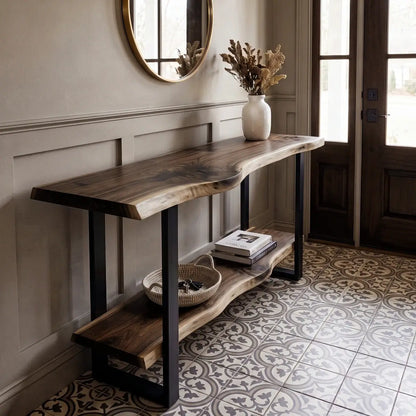 Solid Wood Live Edge Console Table with Lower Shelf
