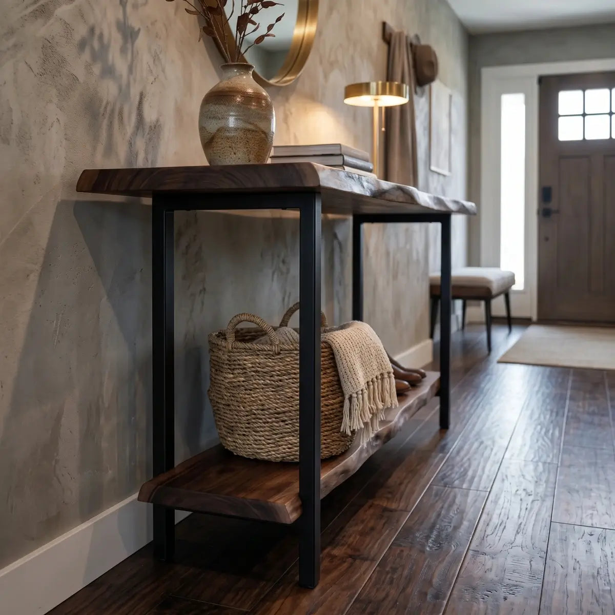 Solid Wood Live Edge Console Table with Lower Shelf