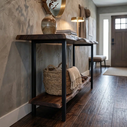 Solid Wood Live Edge Console Table with Lower Shelf