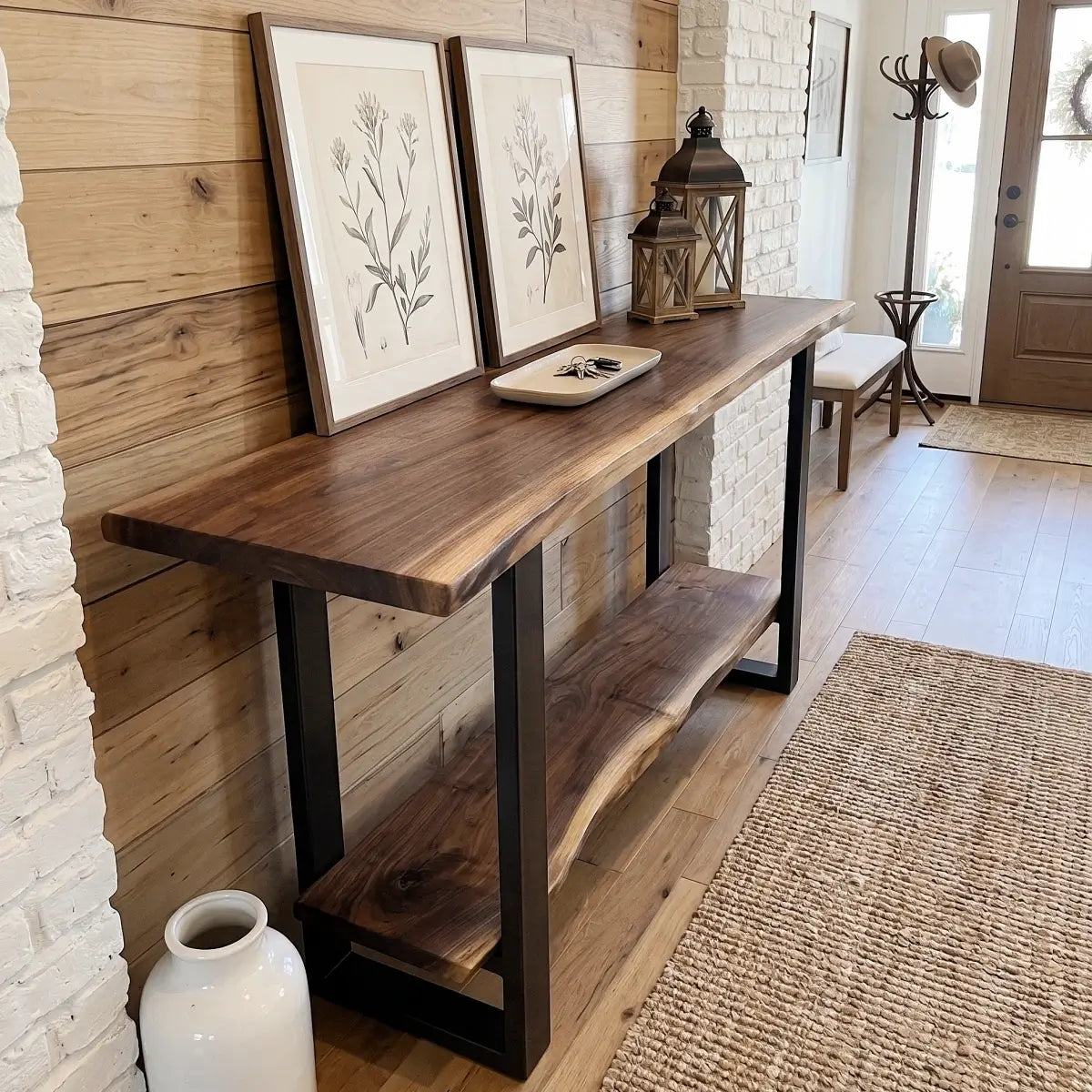 Solid Wood Live Edge Console Table with Lower Shelf