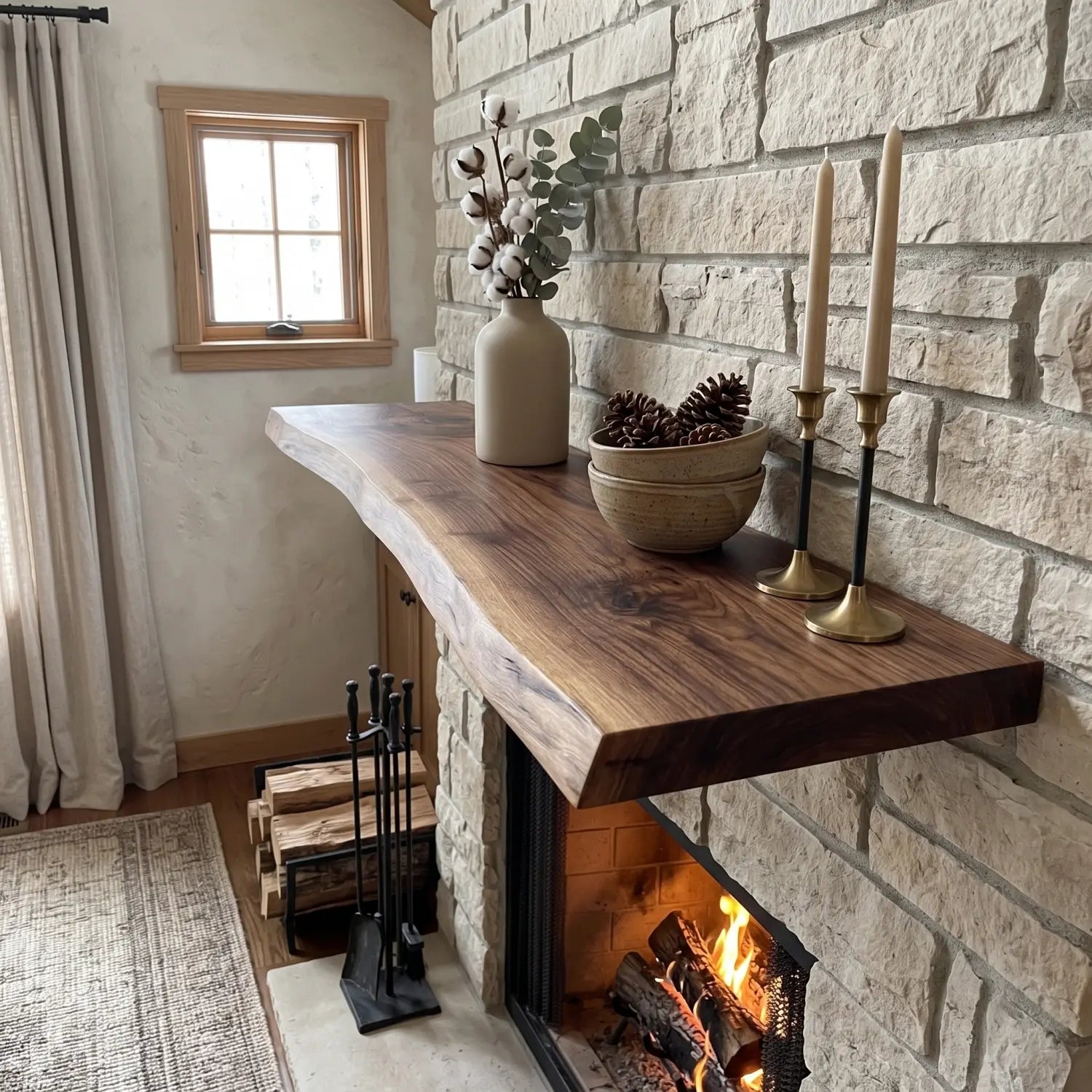 Wide view of a live edge floating fireplace mantel on a stone feature wall with vase, bowl and candle holders