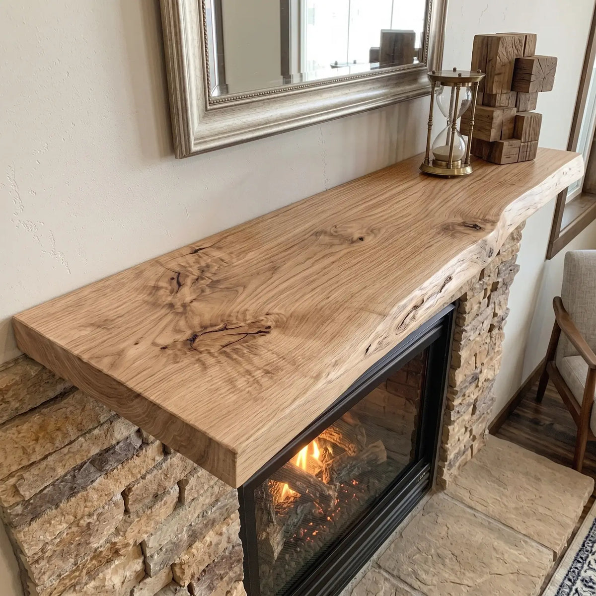 Solid wood live edge fireplace mantel showing natural grain and an organic front edge above a stone fireplace