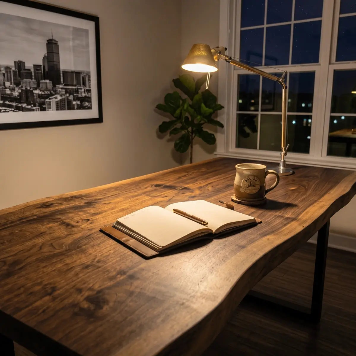 Solid wood live edge writing desk with lamp and notebook in a warm home office