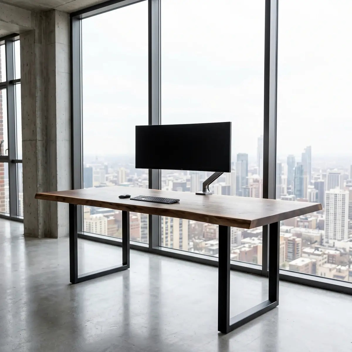 Live edge office desk with monitor and black steel legs beside large windows