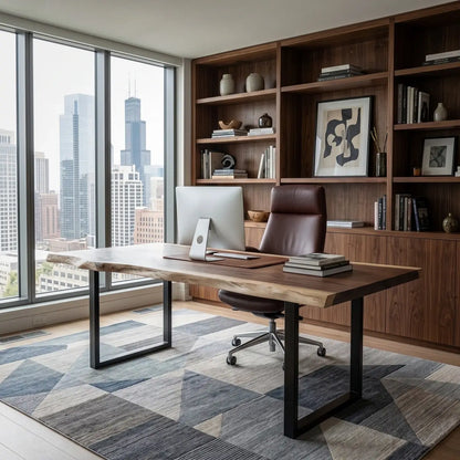 Live edge solid wood office desk with black steel legs beside built-in shelving