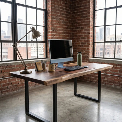 Solid wood computer desk with live edge top and black steel legs in an industrial-style office