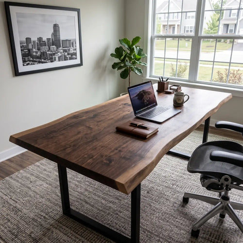 Solid wood live edge office desk with laptop and black steel legs in a bright home office