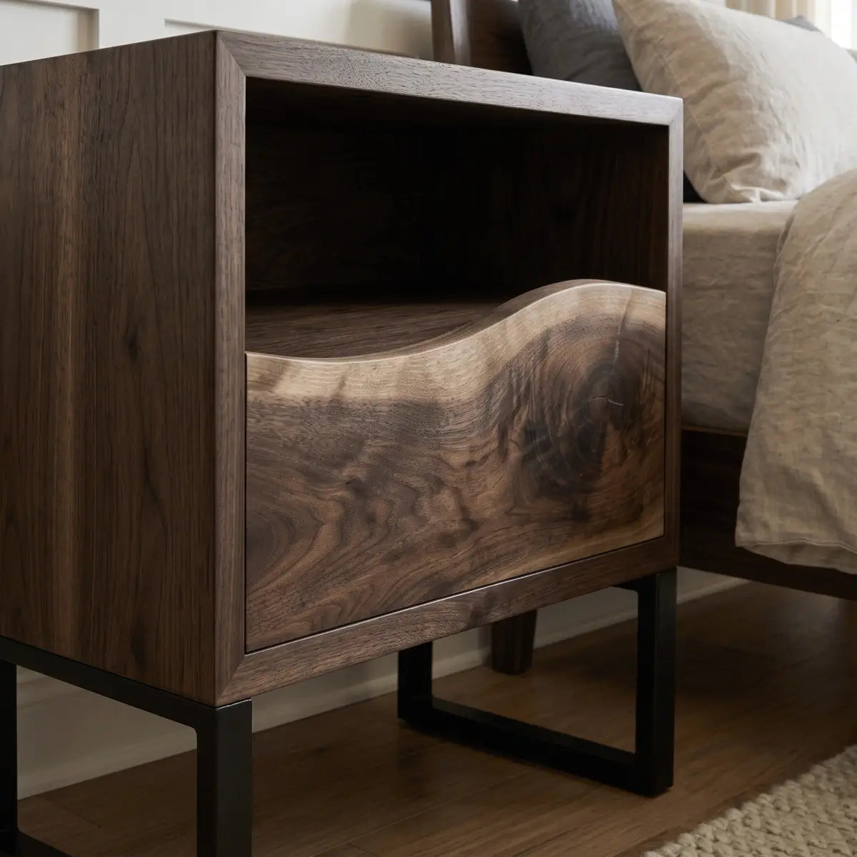 Solid Wood Nightstand with Drawer & Open Shelf – Live Edge Bedside Table with Metal Legs