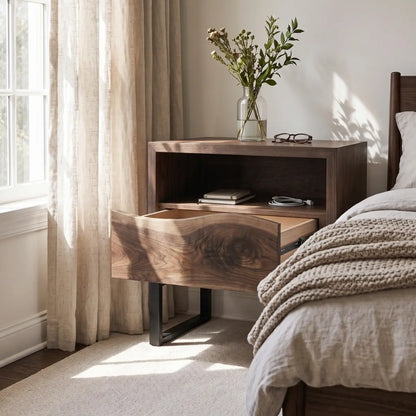 Solid Wood Nightstand with Drawer & Open Shelf – Live Edge Bedside Table with Metal Legs