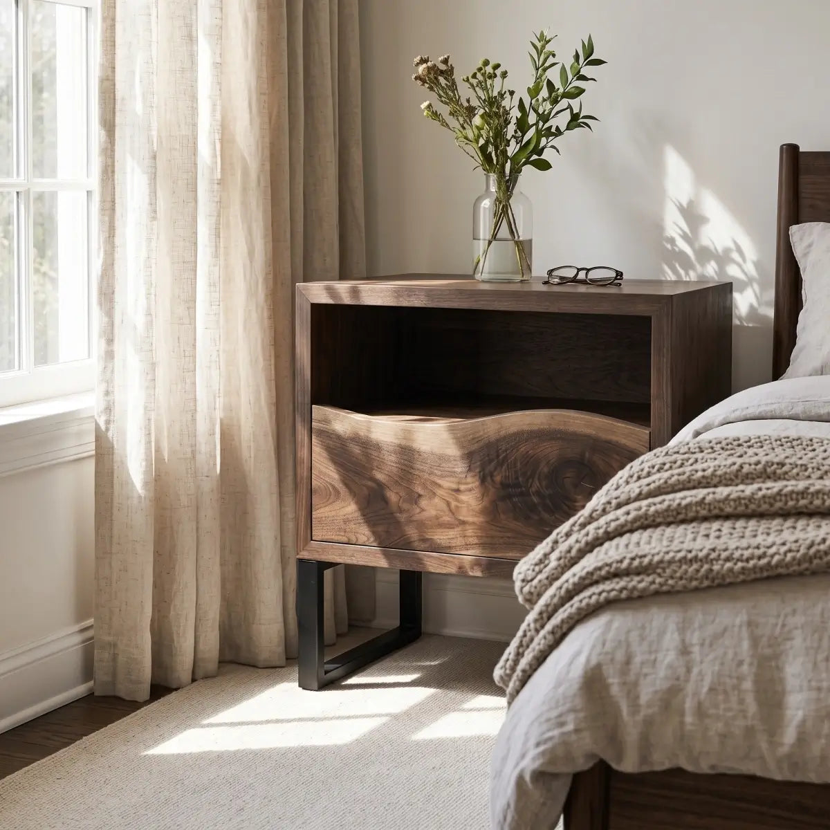 Solid Wood Nightstand with Drawer & Open Shelf – Live Edge Bedside Table with Metal Legs