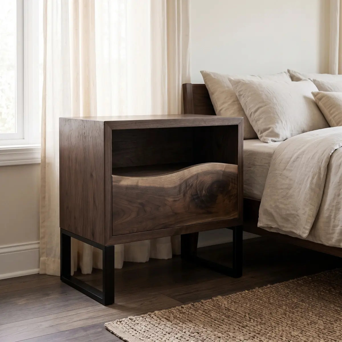 Solid Wood Nightstand with Drawer & Open Shelf – Live Edge Bedside Table with Metal Legs
