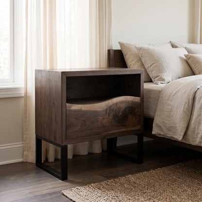 Solid Wood Nightstand with Drawer & Open Shelf – Live Edge Bedside Table with Metal Legs