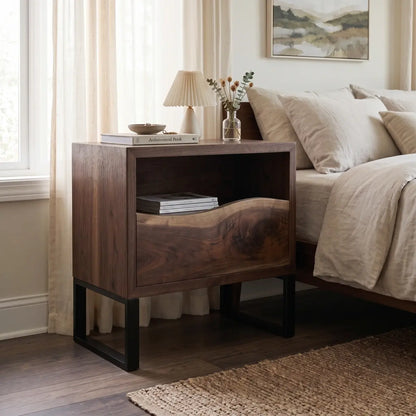 Solid Wood Nightstand with Drawer & Open Shelf – Live Edge Bedside Table with Metal Legs