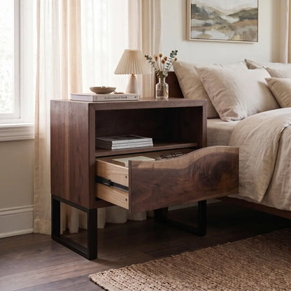 Solid Wood Nightstand with Drawer & Open Shelf – Live Edge Bedside Table with Metal Legs