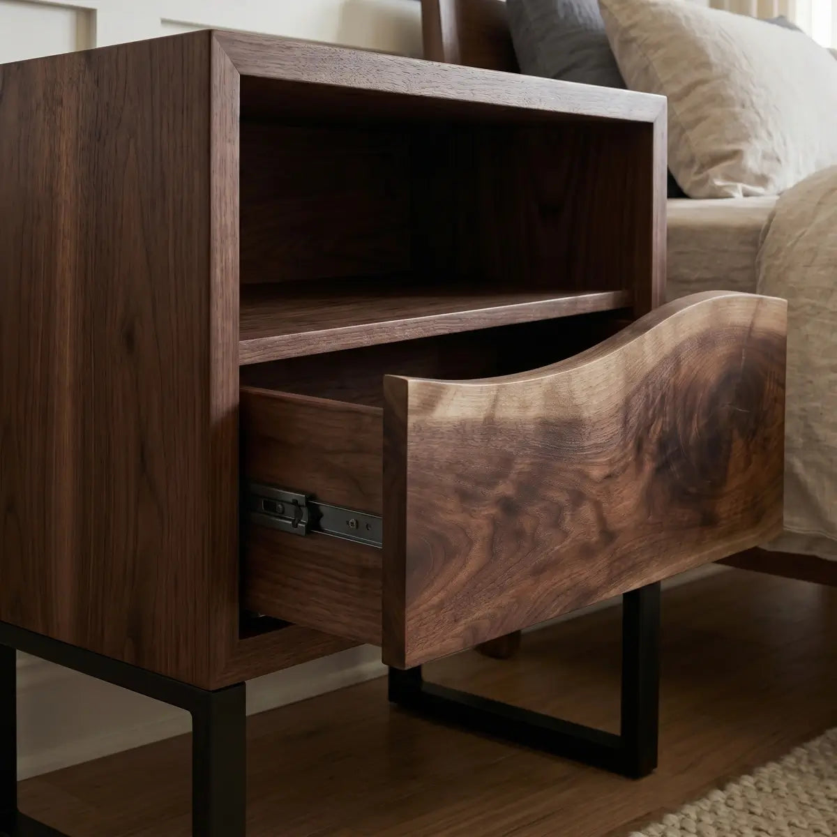 Solid Wood Nightstand with Drawer & Open Shelf – Live Edge Bedside Table with Metal Legs