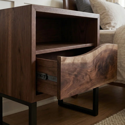 Solid Wood Nightstand with Drawer & Open Shelf – Live Edge Bedside Table with Metal Legs