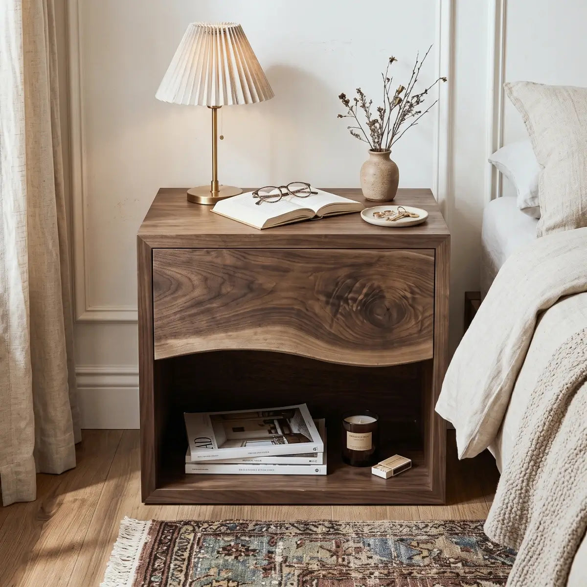 Solid Wood Nightstand with Live Edge Drawer & Open Shelf