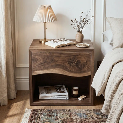 Solid Wood Nightstand with Live Edge Drawer & Open Shelf