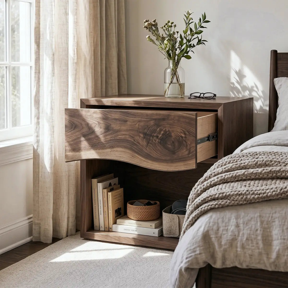 Solid Wood Nightstand with Live Edge Drawer & Open Shelf