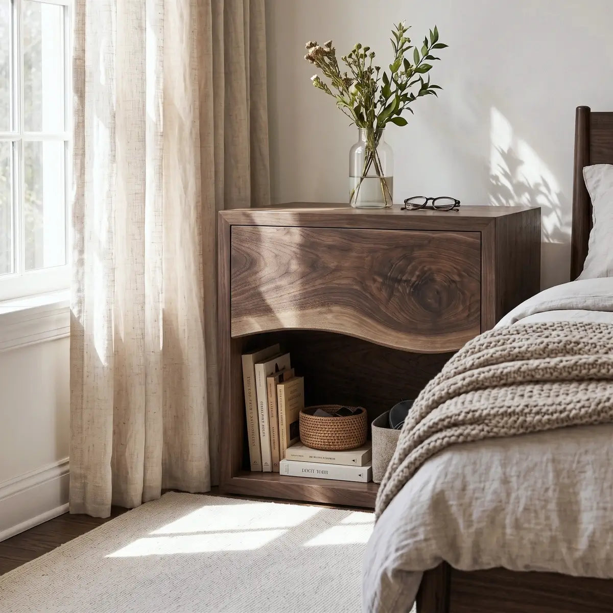 Solid Wood Nightstand with Live Edge Drawer & Open Shelf
