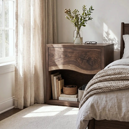 Solid Wood Nightstand with Live Edge Drawer & Open Shelf