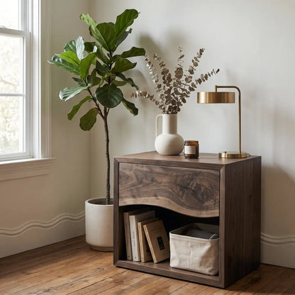 Solid Wood Nightstand with Live Edge Drawer & Open Shelf