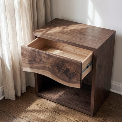 Solid Wood Nightstand with Live Edge Drawer & Open Shelf