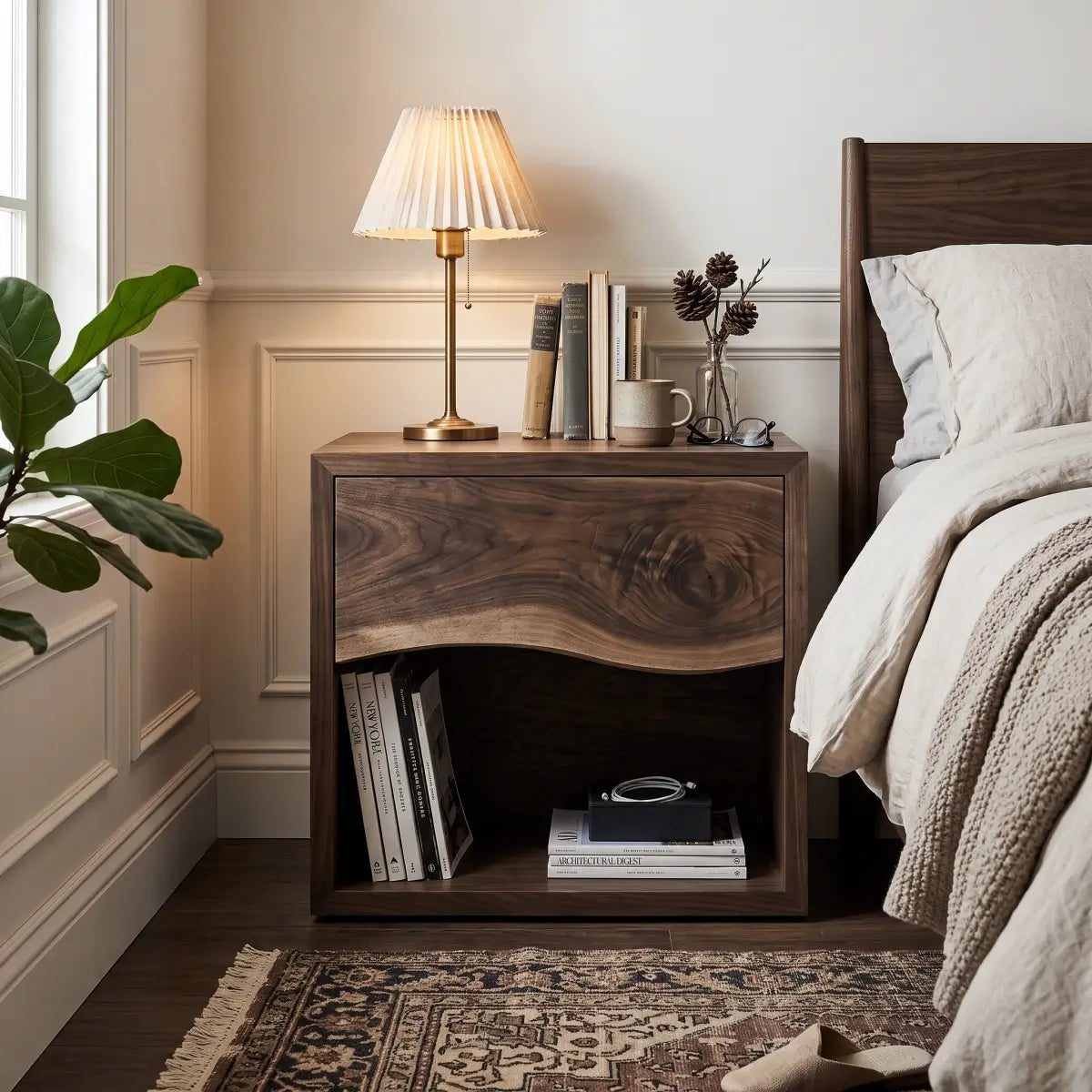 Solid Wood Nightstand with Live Edge Drawer & Open Shelf