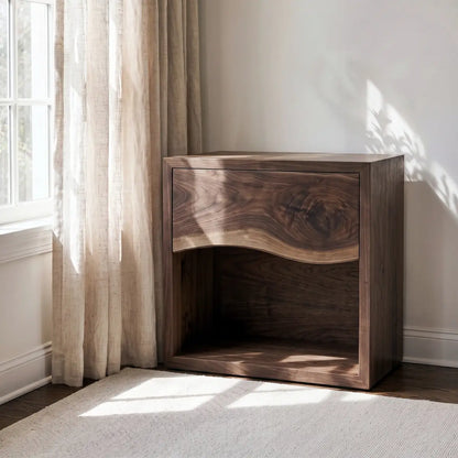 Solid Wood Nightstand with Live Edge Drawer & Open Shelf