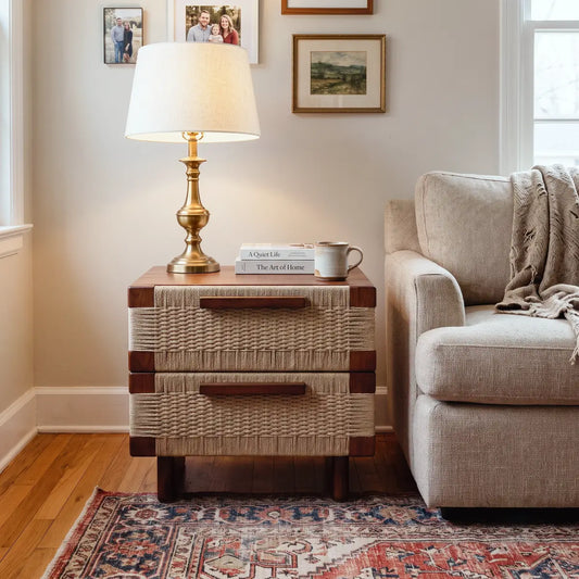 Solid Wood Woven Nightstand, Handwoven 2-Drawer Bedside Table