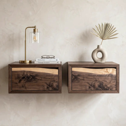 Two wall mounted solid wood floating nightstands with live edge drawer fronts and bedroom decor