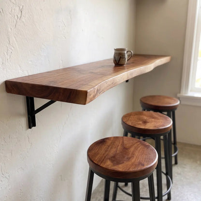 Live Edge Wall-Mounted Folding Table, Solid Wood Floating Desk for Small Spaces
