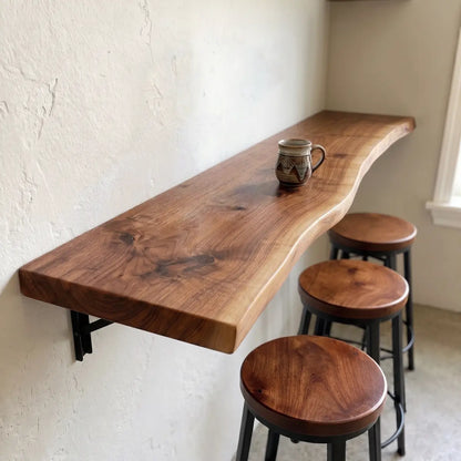 Live Edge Wall-Mounted Folding Table, Solid Wood Floating Desk for Small Spaces