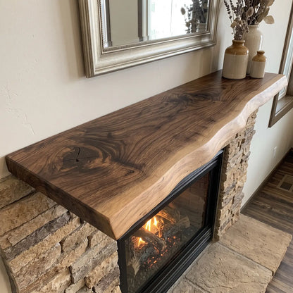 Solid Wood Live Edge Fireplace Mantel Shelf – Floating Wood Mantel with Hidden Brackets