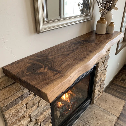 Solid Wood Live Edge Fireplace Mantel Shelf – Floating Wood Mantel with Hidden Brackets
