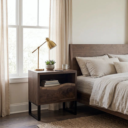 Solid Wood Nightstand with Drawer & Open Shelf – Live Edge Bedside Table with Metal Legs