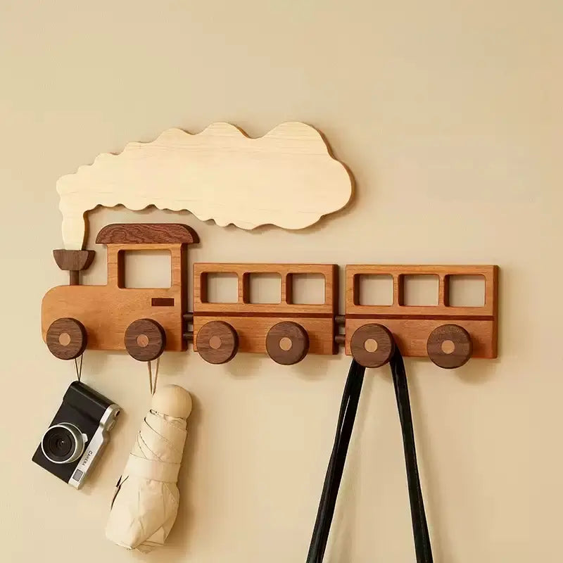 🚂 Solid Wood Train Hook Rack – Wall Mounted Kids Coat Hanger
