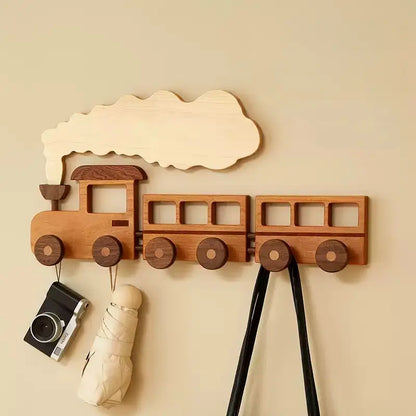 🚂 Solid Wood Train Hook Rack – Wall Mounted Kids Coat Hanger
