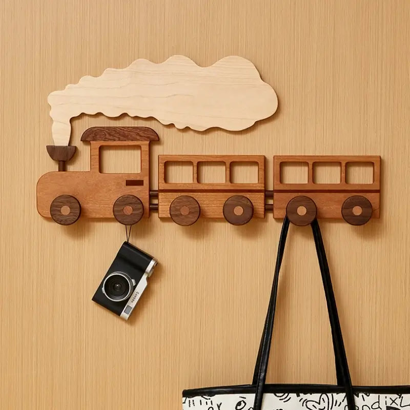 🚂 Solid Wood Train Hook Rack – Wall Mounted Kids Coat Hanger