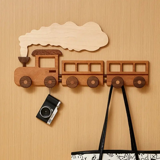 🚂 Solid Wood Train Hook Rack – Wall Mounted Kids Coat Hanger