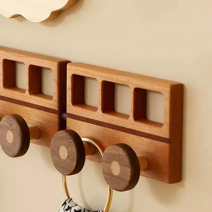 🚂 Solid Wood Train Hook Rack – Wall Mounted Kids Coat Hanger
