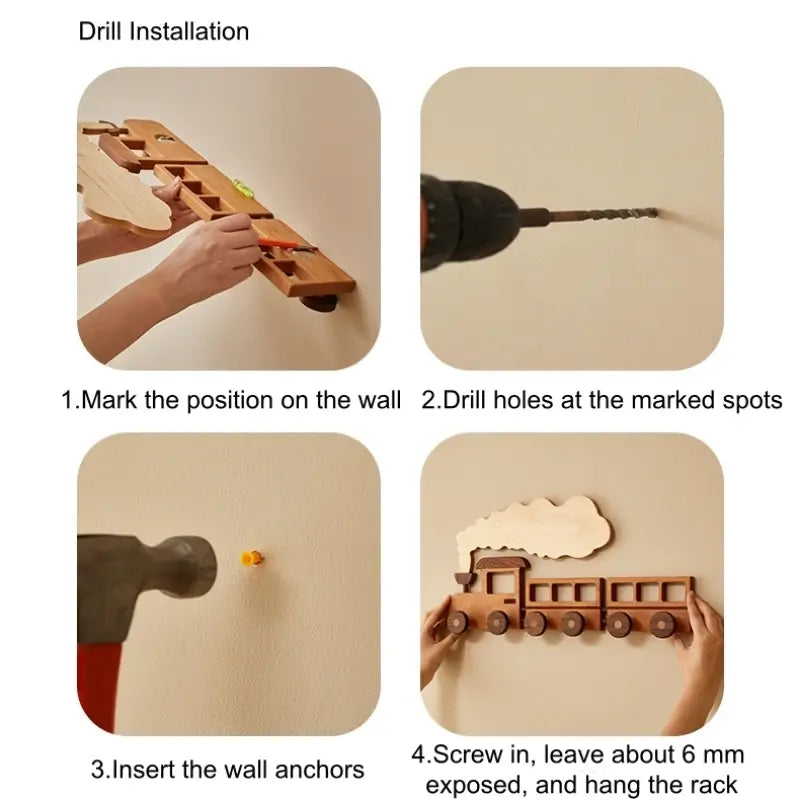 🚂 Solid Wood Train Hook Rack – Wall Mounted Kids Coat Hanger