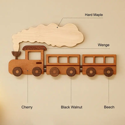 🚂 Solid Wood Train Hook Rack – Wall Mounted Kids Coat Hanger