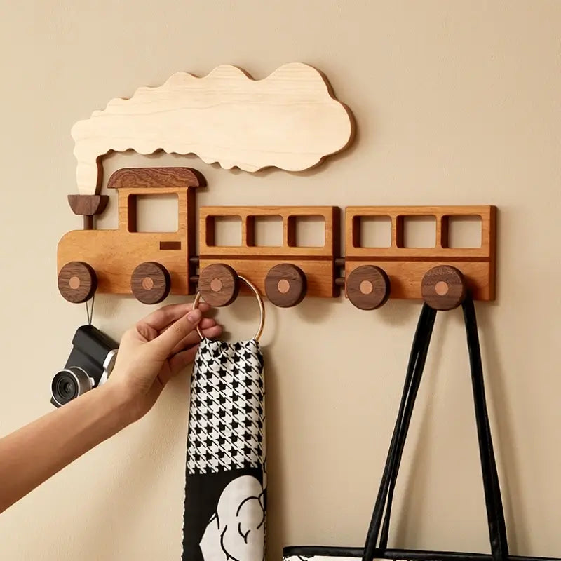 🚂 Solid Wood Train Hook Rack – Wall Mounted Kids Coat Hanger