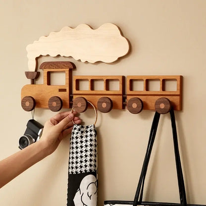 🚂 Solid Wood Train Hook Rack – Wall Mounted Kids Coat Hanger