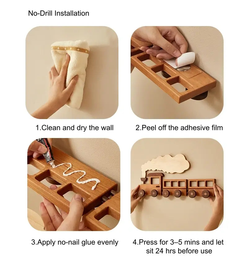 🚂 Solid Wood Train Hook Rack – Wall Mounted Kids Coat Hanger