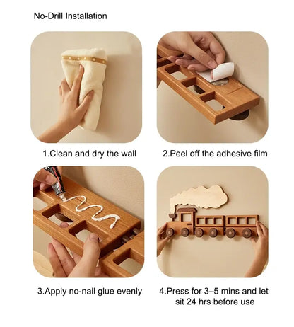 🚂 Solid Wood Train Hook Rack – Wall Mounted Kids Coat Hanger