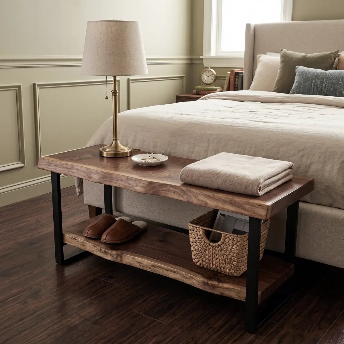 Solid wood two-tier bench in a bedroom with slippers and a storage basket on the lower shelf