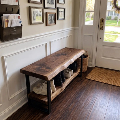 Two-tier entryway shoe bench beside a front door with shoes stored on the lower shelf