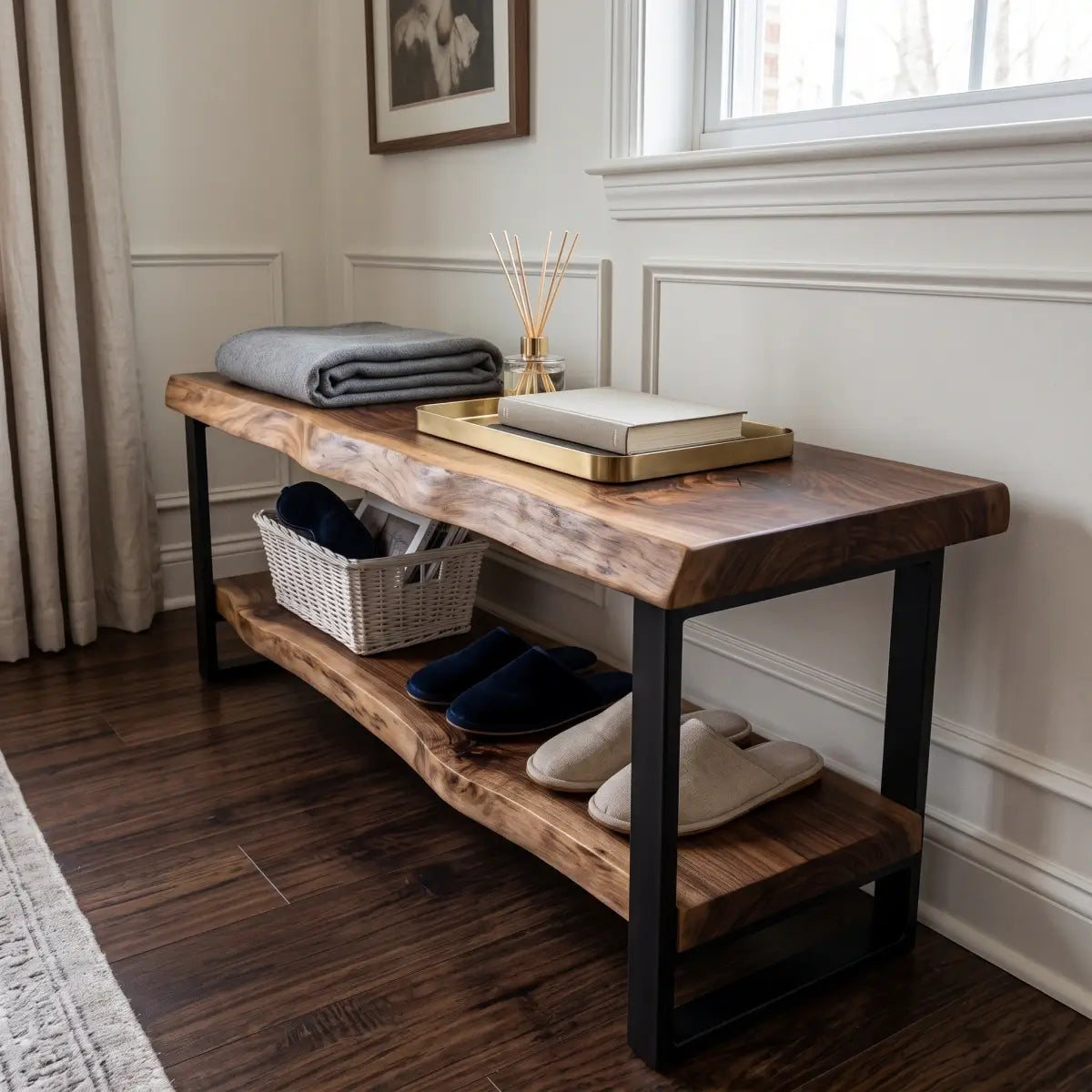 Two-tier solid wood hallway bench with books, folded linens, baskets, and shoes